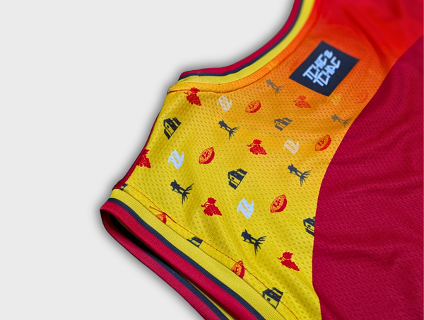 Débardeur rugby L'Occitan rouge jaune détail design régional